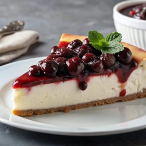 A slice of cheesecake with cherry topping and a sprig of mint on a white plate.